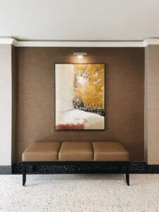 Framed artwork in a neutral interior